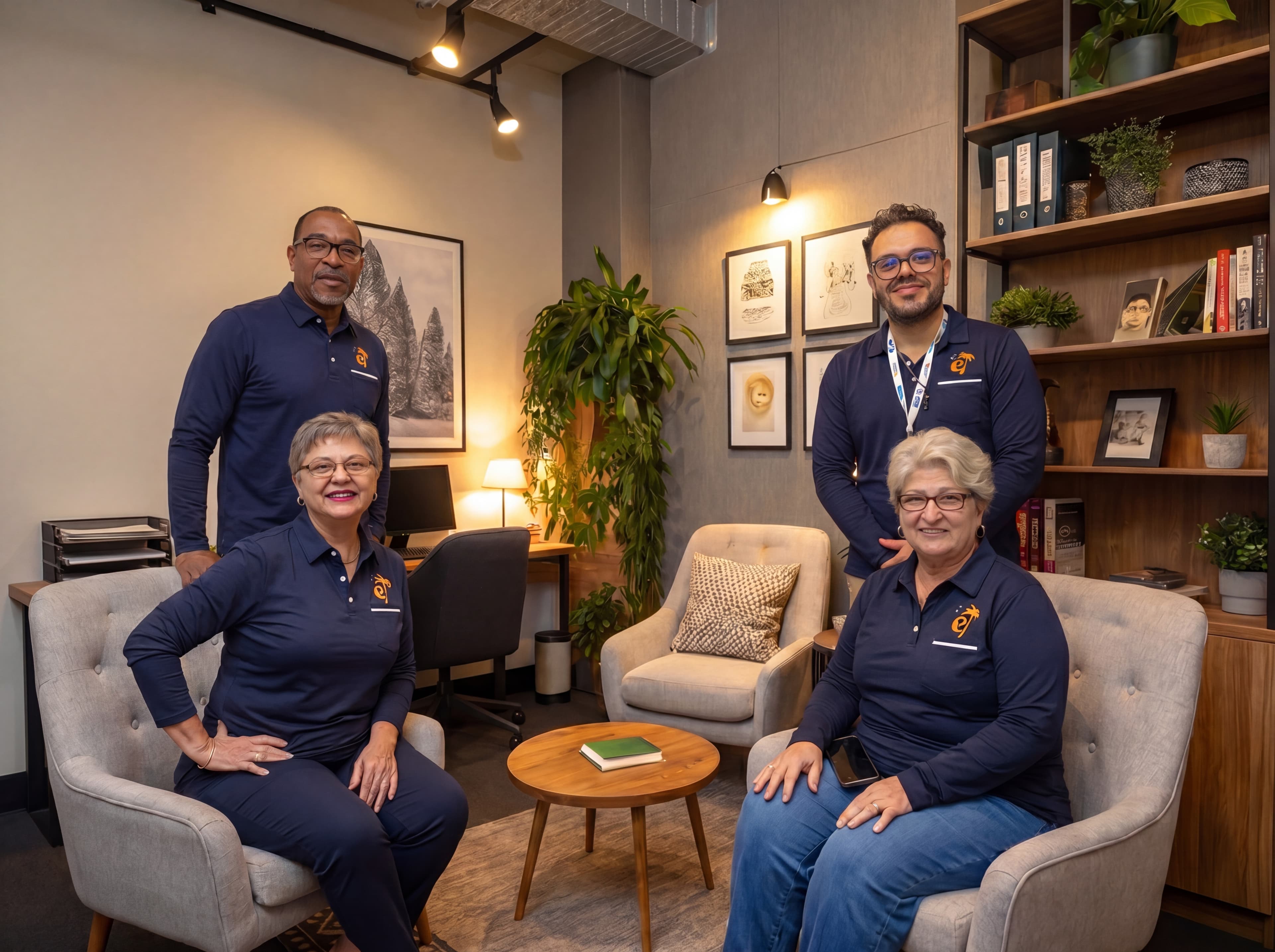 The Elmag Insurance team — four licensed agents in their Plantation, Florida office.