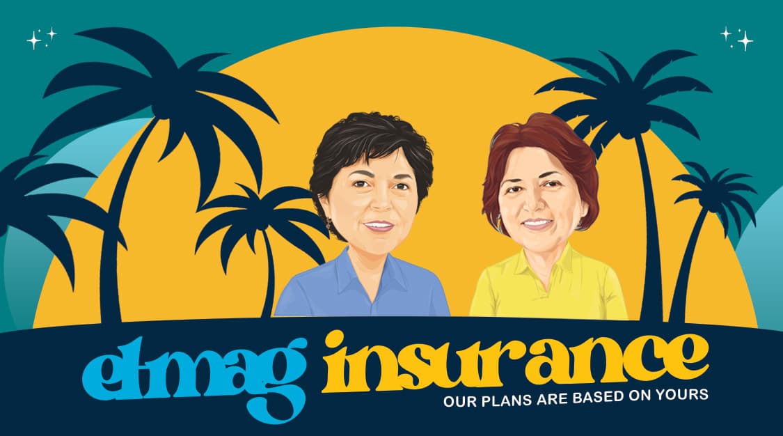 Two Elmag Insurance owners smiling under a sun and palm trees, with the words 'elmag insurance — our plans are based on yours.'
